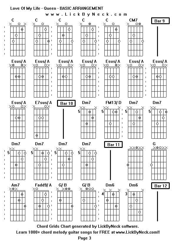 Chord Grids Chart of chord melody fingerstyle guitar song-Love Of My Life - Queen - BASIC ARRANGEMENT,generated by LickByNeck software.